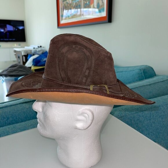 Handmade Vintage Mens Cowboy Hat Stamped Leather Size Small Western Brown Suede - Picture 12 of 13
